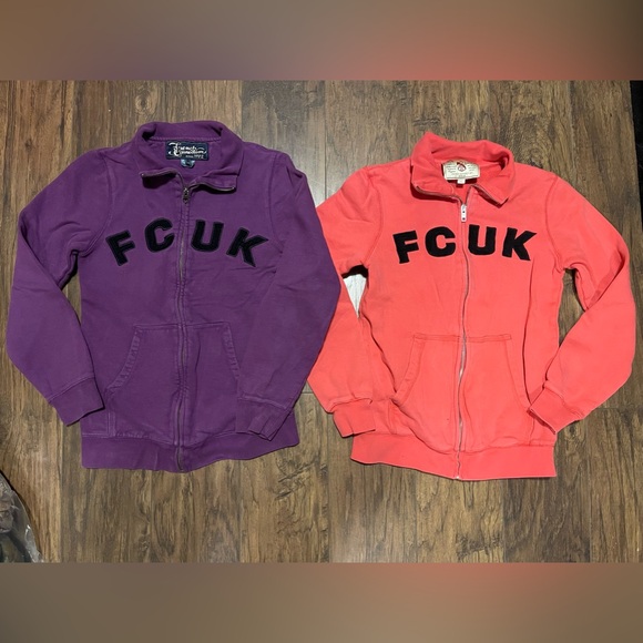 2 FCUK zippered collared sweaters vintage French connection XS pink & purple - Picture 1 of 8